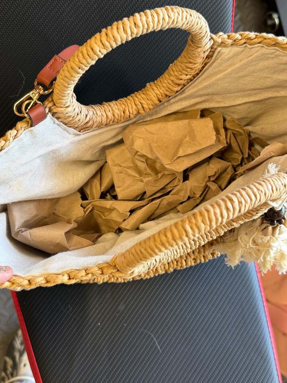 Half Moon Woven Straw Handbag with Tassel and Brown Leather Accents - Picture 2 of 3